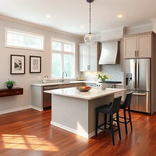 Modern kitchen remodel in Largo MD featuring granite countertops, stainless appliances, custom cabinetry, and natural light.