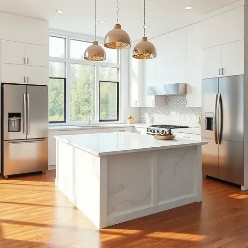 Modern temple hills kitchen with white matte cabinets, stainless steel appliances, marble island, hardwood floors and mosaic backsplash