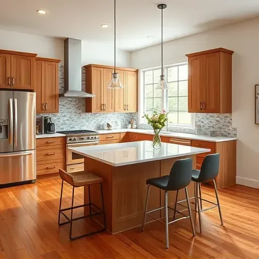 Modern kitchen remodel in Gaithersburg, MD featuring quartz countertops, warm wood cabinetry, and natural light.