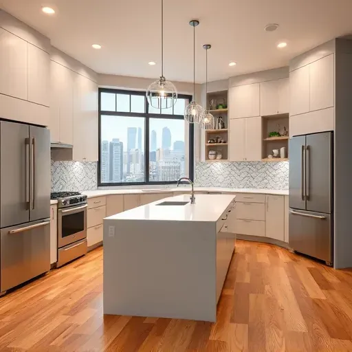 Remodeled Baltimore kitchen with modern matte cabinets stainless steel appliances marble island hardwood floors and scenic downtown view