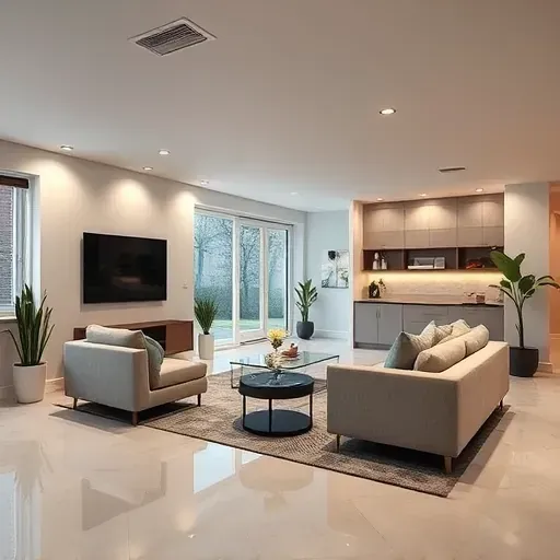 Finished basement in Hyattsville with modern furniture, sleek flooring, large windows, stylish lighting, and decorative accents