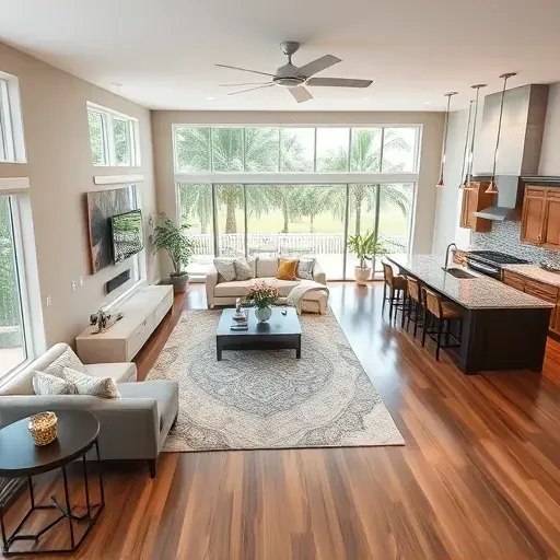 Modern Whole-Home Remodeling in Jupiter FL with open-concept living space, hardwood floors, elegant decor, and tropical views.
