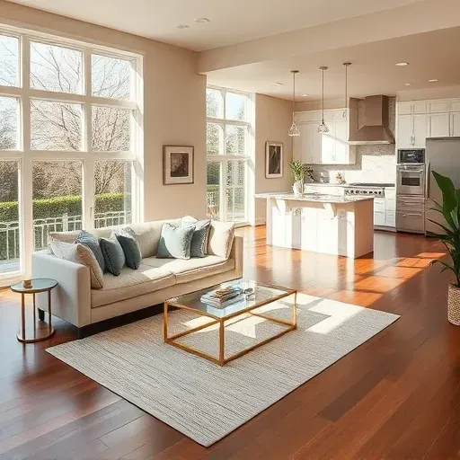 Luxurious modern living room in McLean VA with natural light, plush furniture, gourmet kitchen, and elegant decor.