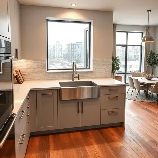 Beautiful renovated Baltimore kitchen with sleek cabinetry quartz countertops subway tile backsplash farmhouse sink oak flooring modern open-concept design