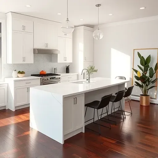 Modern kitchen remodel in Silver Spring MD with sleek white cabinetry, quartz countertops, and stainless steel appliances.