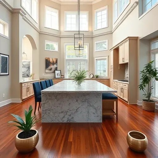 Elegant living space in Severn MD, featuring high ceilings, natural light, modern accents, and polished hardwood flooring.