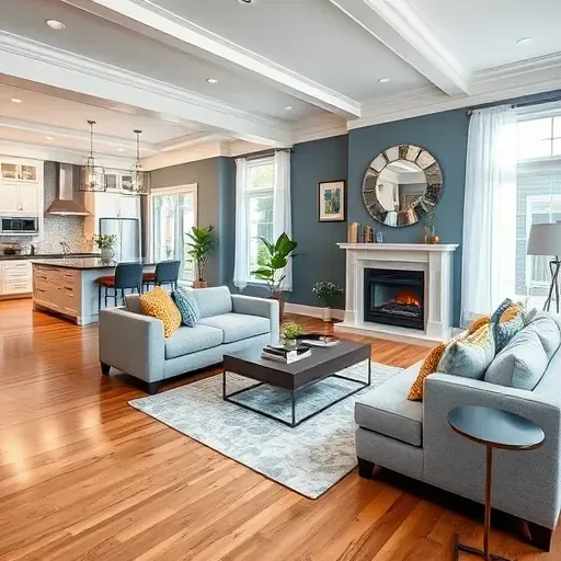 Remodeled living room in Alexandria VA with hardwood floors, large windows, and modern decor showcasing craftsmanship.