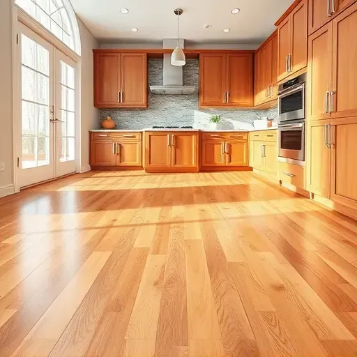 Newly installed warm hardwood kitchen flooring in Hyattsville MD reflecting natural light, surrounded by modern cabinetry and decor