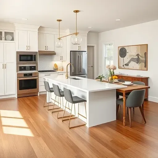Modern kitchen remodel in Crofton MD with quartz countertops, stainless steel appliances, and inviting dining area.