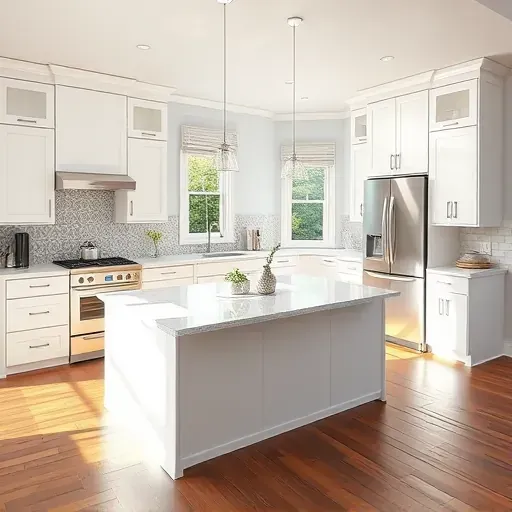 Modern kitchen remodel in Beltsville MD features sleek white cabinetry, quartz island, stainless appliances, and warm sunlight.