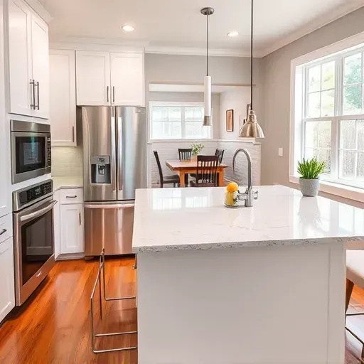 Freshly renovated kitchen in Hyattsville MD with white cabinetry, granite island, stainless steel appliances, and stylish decor.