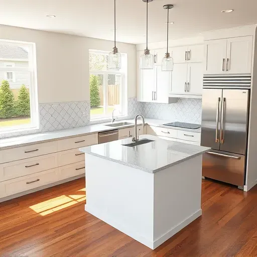 Remodeled Mount Rainier kitchen with sleek cabinets quartz island stainless appliances natural light hardwood floors outdoor view