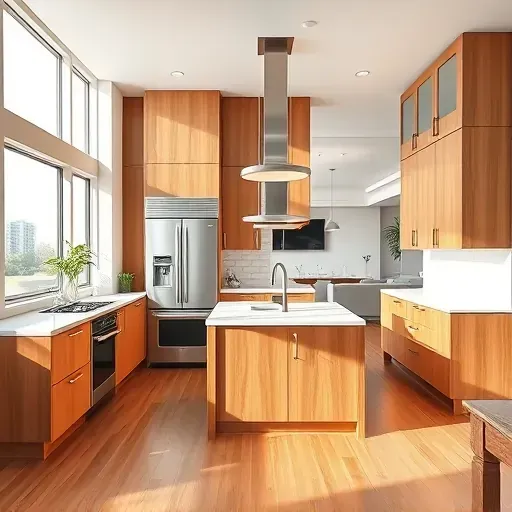 Remodeled Waldorf MD kitchen with warm wood cabinetry, quartz countertops, large island, stainless appliances, subway tile backsplash, hardwood floors, and open living view