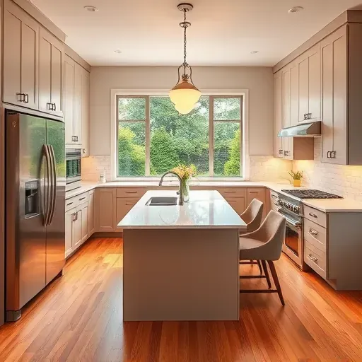 Beautiful renovated modern kitchen in Gaithersburg MD with sleek cabinetry, quartz countertops, stainless steel appliances, marble island and natural light