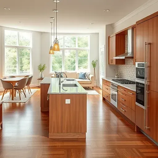 Finished modern kitchen in Alexandria VA with granite counters, warm custom cabinets, stainless appliances, and lush outdoor view