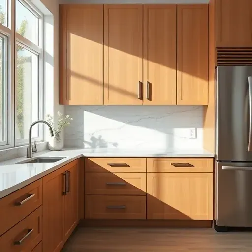 Refinished modern kitchen cabinets with glossy wood finish, elegant hardware, marble countertops, stylish backsplash, in well-lit Hyattsville Maryland kitchen