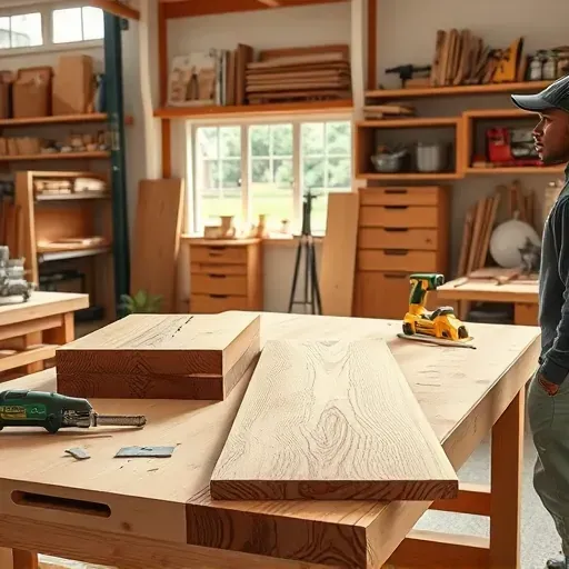 Custom carpentry workspace in Hyattsville Maryland with wooden benches tools hardwoods organized shelves natural light and craftsmanship details