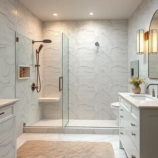 Beautiful completed bathroom with modern ceramic tiles, glass shower doors, polished fixtures, marble countertop, and elegant decor