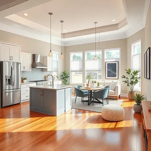 Modern remodeled living space in College Park MD with sleek floors, elegant kitchen island, and cozy furnishings.