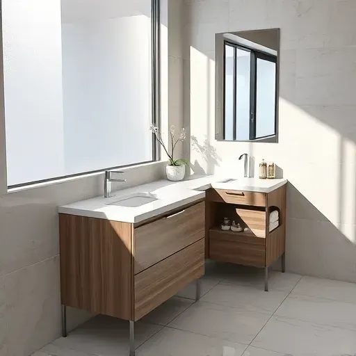 Modern bathroom vanity with polished marble countertops, elegant cabinetry, chrome fixtures, and natural light in Hyattsville MD