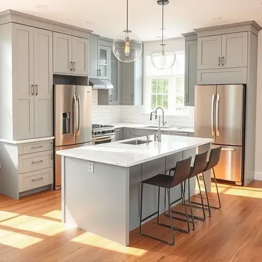 Remodeled kitchen in Suitland MD with gray cabinetry marble countertops stainless steel appliances and stylish decor.