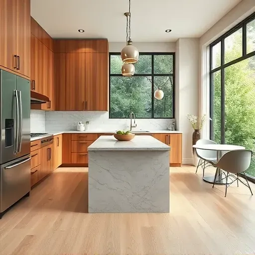 Beautiful renovated Takoma Park kitchen with modern wood cabinets, quartz countertops, stainless steel appliances, and natural light