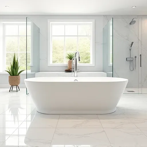 Completed modern bathtub installation in Hyattsville MD with sleek fixtures, marble flooring, natural light, and elegant bathroom decor