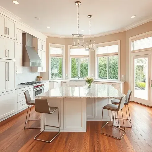 Modern kitchen remodel in Silver Spring MD with white cabinetry, granite island, and natural light from large windows.
