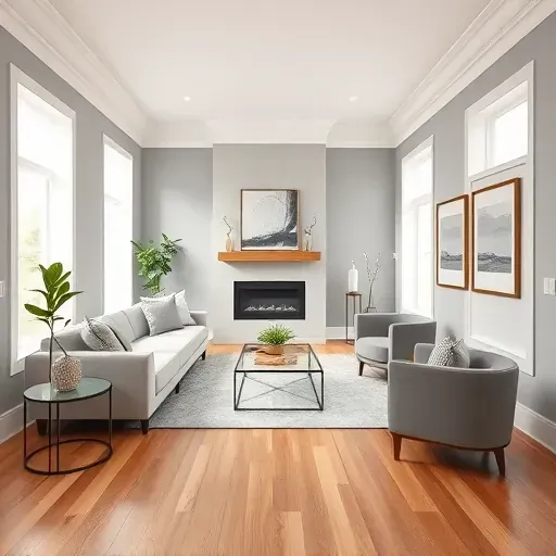 Spacious modern living room in Beltsville MD with sleek floors, soft gray walls, bright windows, and elegant decor.
