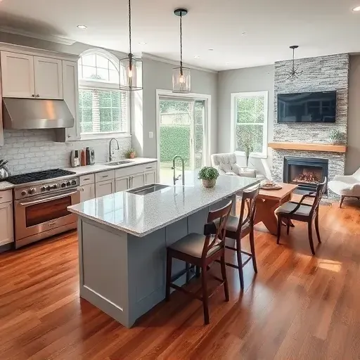 Modern kitchen remodel in Upper Marlboro MD with sleek appliances, granite counters, and natural light-filled living area.