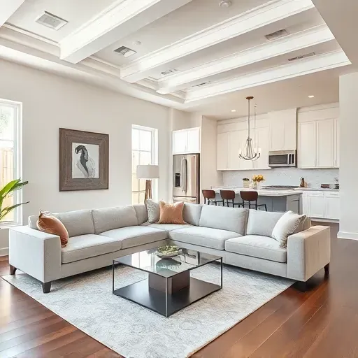 Modern living room remodeling in District Heights, MD with neutral tones, sleek furnishings, and updated kitchen.