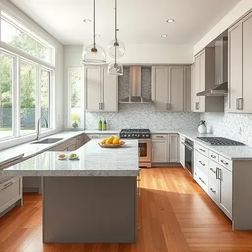 Renovated modern kitchen in Hanover MD with granite countertops, central island, stainless appliances, mosaic backsplash, hardwood floors, large windows, backyard view