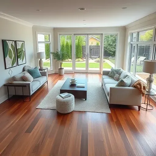 Inviting living room in Takoma Park MD features hardwood floors, natural light, and stylish furniture with garden view.