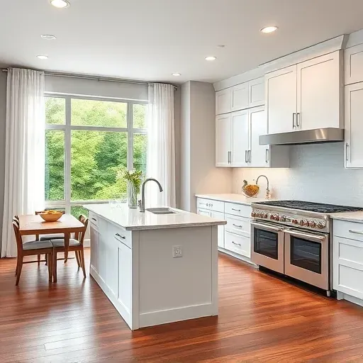 Modern kitchen remodel in Lanham, MD showcasing sleek white cabinetry, quartz island, and stainless steel appliances.