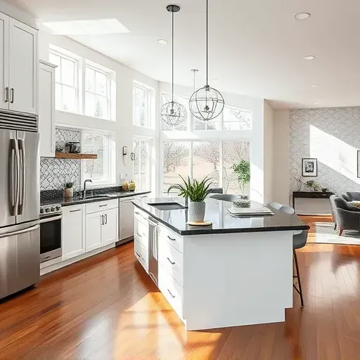 Modern kitchen remodel in Gaithersburg MD with sleek white cabinetry, dark marble island, and stainless appliances.