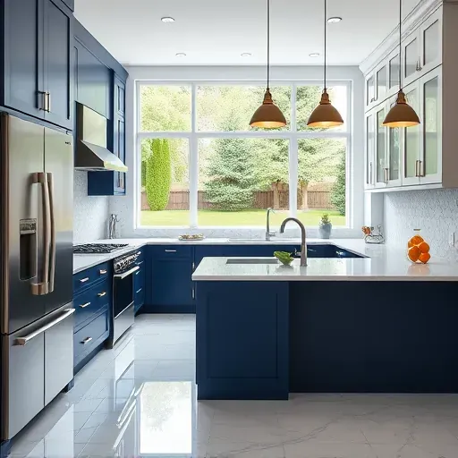 Modern College Park kitchen with navy cabinets, marble island, stainless steel appliances, and bright natural light