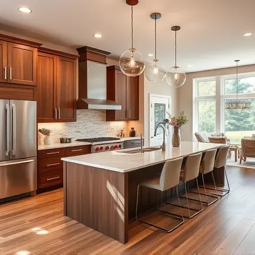 Stunning Forestville MD kitchen remodel features walnut cabinetry, marble countertop, stainless appliances, and natural light.
