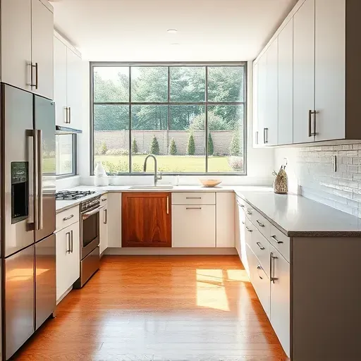 Modern Fairfax VA kitchen with sleek matte cabinets, stainless steel appliances, quartz counters, wood accents, subway tile backsplash, hardwood floors, bright airy space with garden view