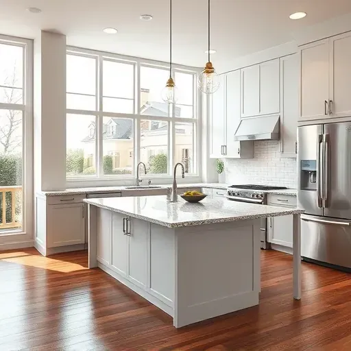 Modern kitchen remodel in Chillum MD with sleek matte cabinets granite island stainless steel appliances subway tile backsplash hardwood floors natural light
