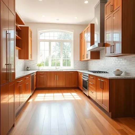 Refinished modern kitchen cabinets with polished granite countertops, hardwood flooring, tiled backsplash, and bright natural light