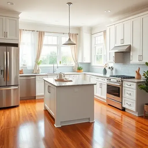 Modern kitchen remodel in Chillum MD with white cabinetry, stainless steel appliances, and polished granite island.