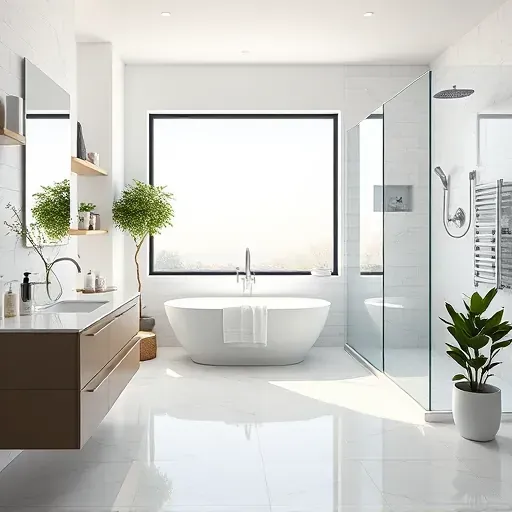 Spacious renovated Hyattsville bathroom with freestanding tub marble countertops chrome accents greenery natural light