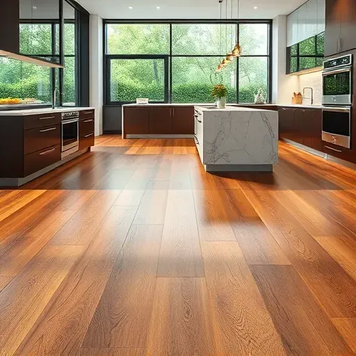 Newly installed warm oak hardwood flooring in a modern Hyattsville kitchen with natural light, sleek fixtures, and elegant decor