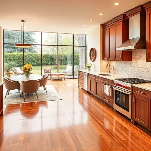 Modern kitchen remodel in Hyland Hills MD with granite countertops, stainless appliances, and open living area design.