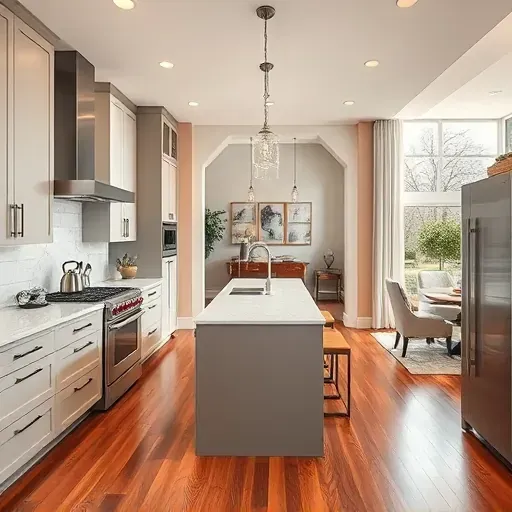 Renovated Bethesda kitchen with modern matte cabinets quartz countertops stainless steel appliances marble island hardwood floors and natural light