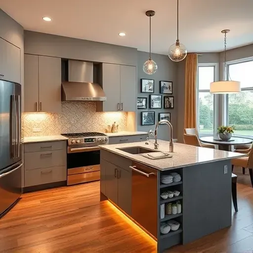 Remodeled Glen Burnie MD kitchen with modern matte cabinetry stainless appliances granite island hardwood floors and natural light