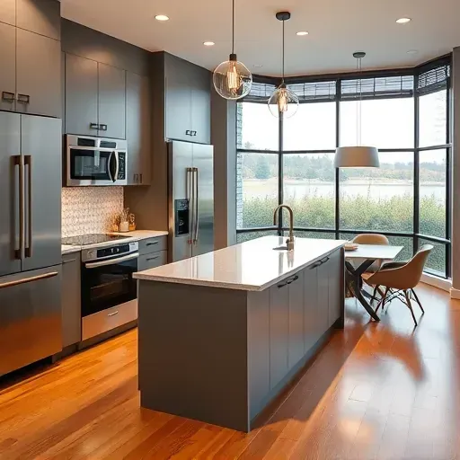 Modern Arlington VA kitchen with sleek cabinetry, granite countertops, glass backsplash, stainless appliances, and hardwood flooring