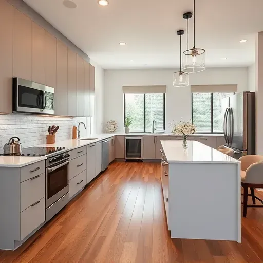 Renovated modern kitchen in Upper Marlboro MD with matte cabinets quartz countertops subway tile backsplash stainless steel appliances and a central island