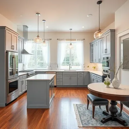 Bright modern kitchen in Fairfax VA with gray cabinetry, white quartz island, stainless steel appliances, and hardwood flooring.