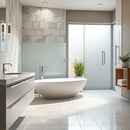 Remodeled Hyattsville bathroom with marble countertops chrome fixtures glass shower freestanding tub neutral tiles lush greenery